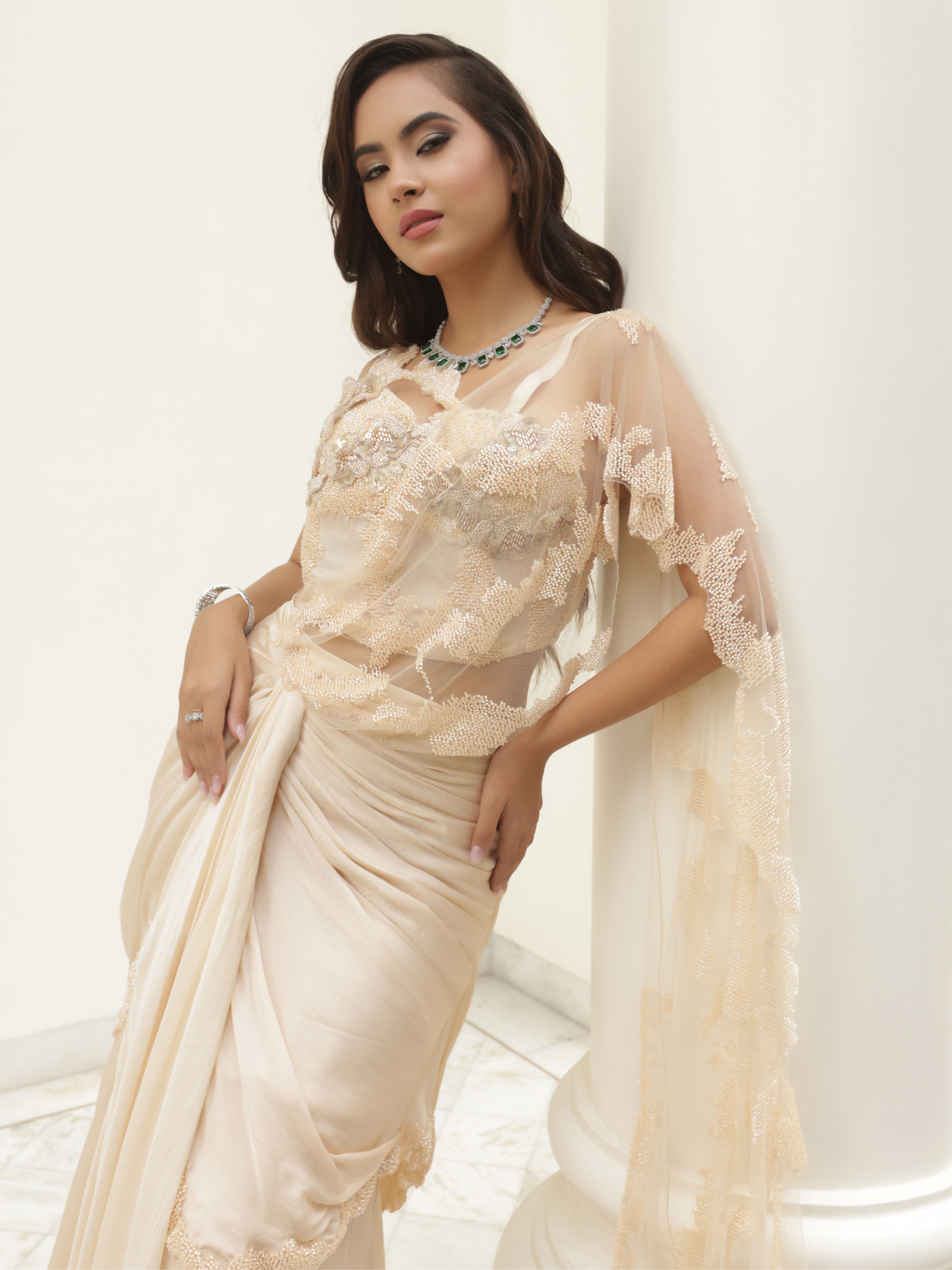 Pre Draped Flared Saree Set