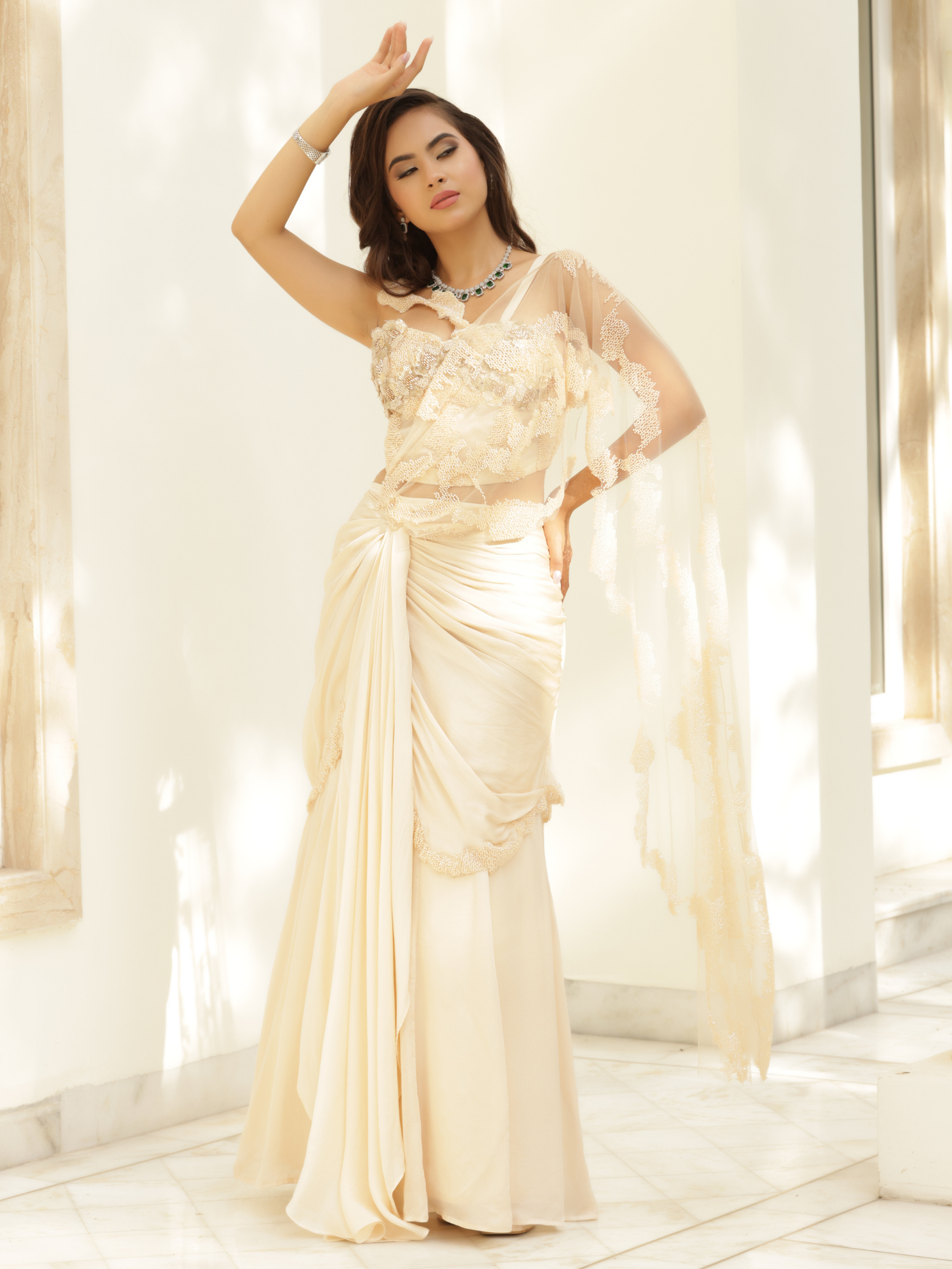 Pre Draped Flared Saree Set