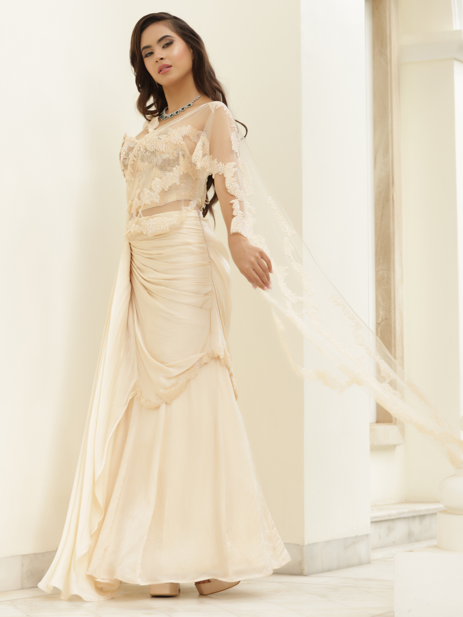 Pre Draped Flared Saree Set