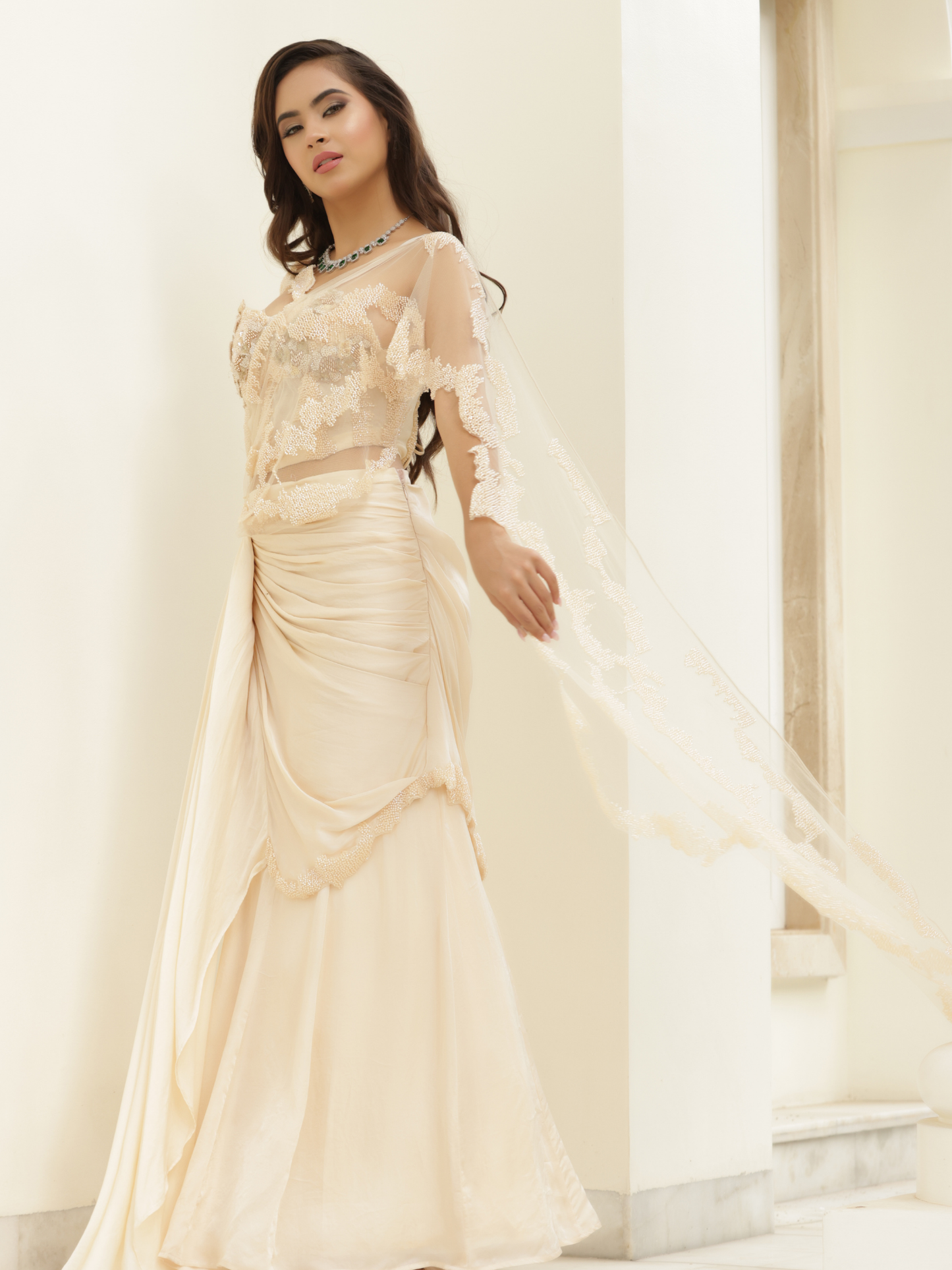 Pre Draped Flared Saree Set