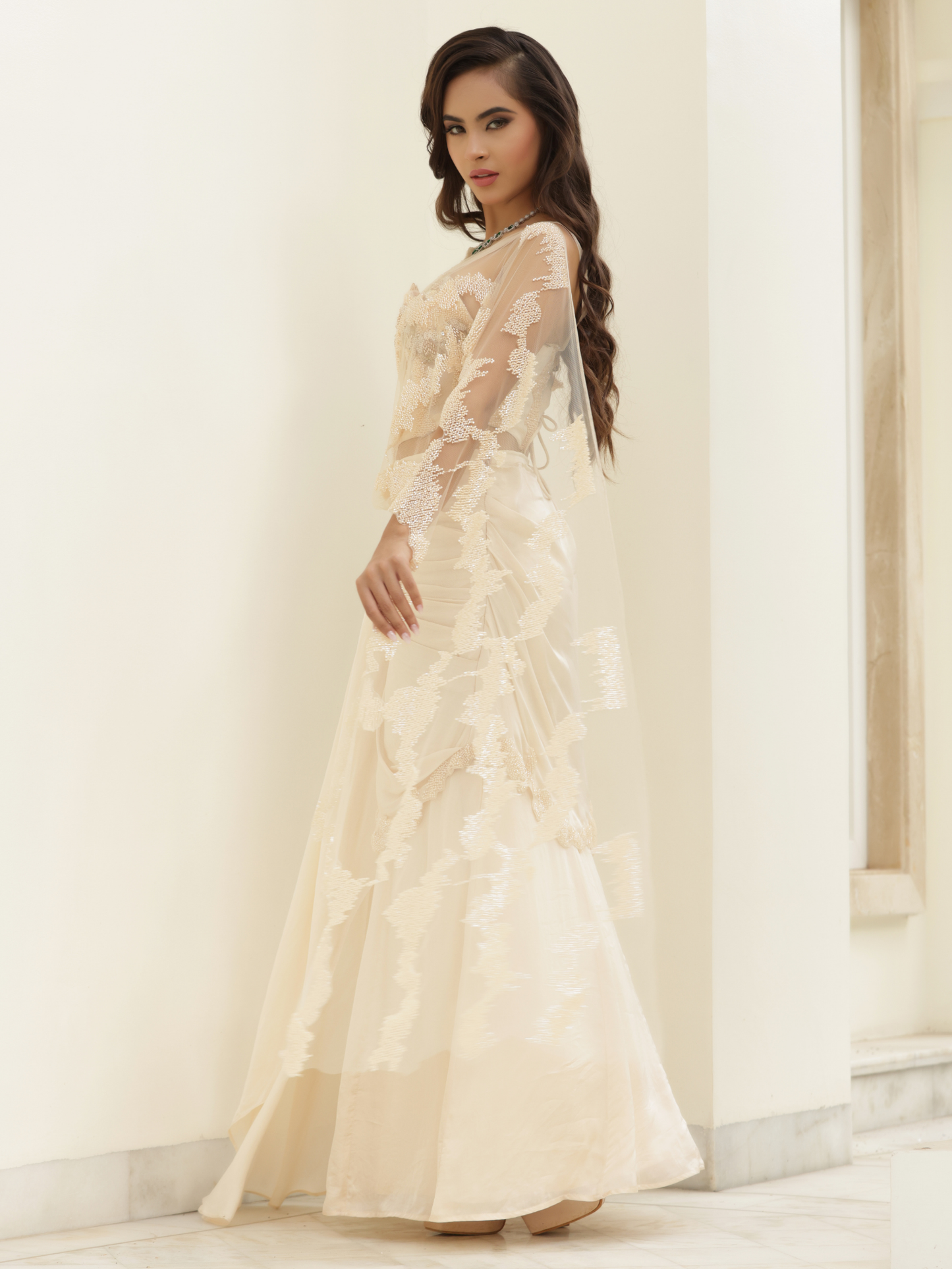 Pre Draped Flared Saree Set