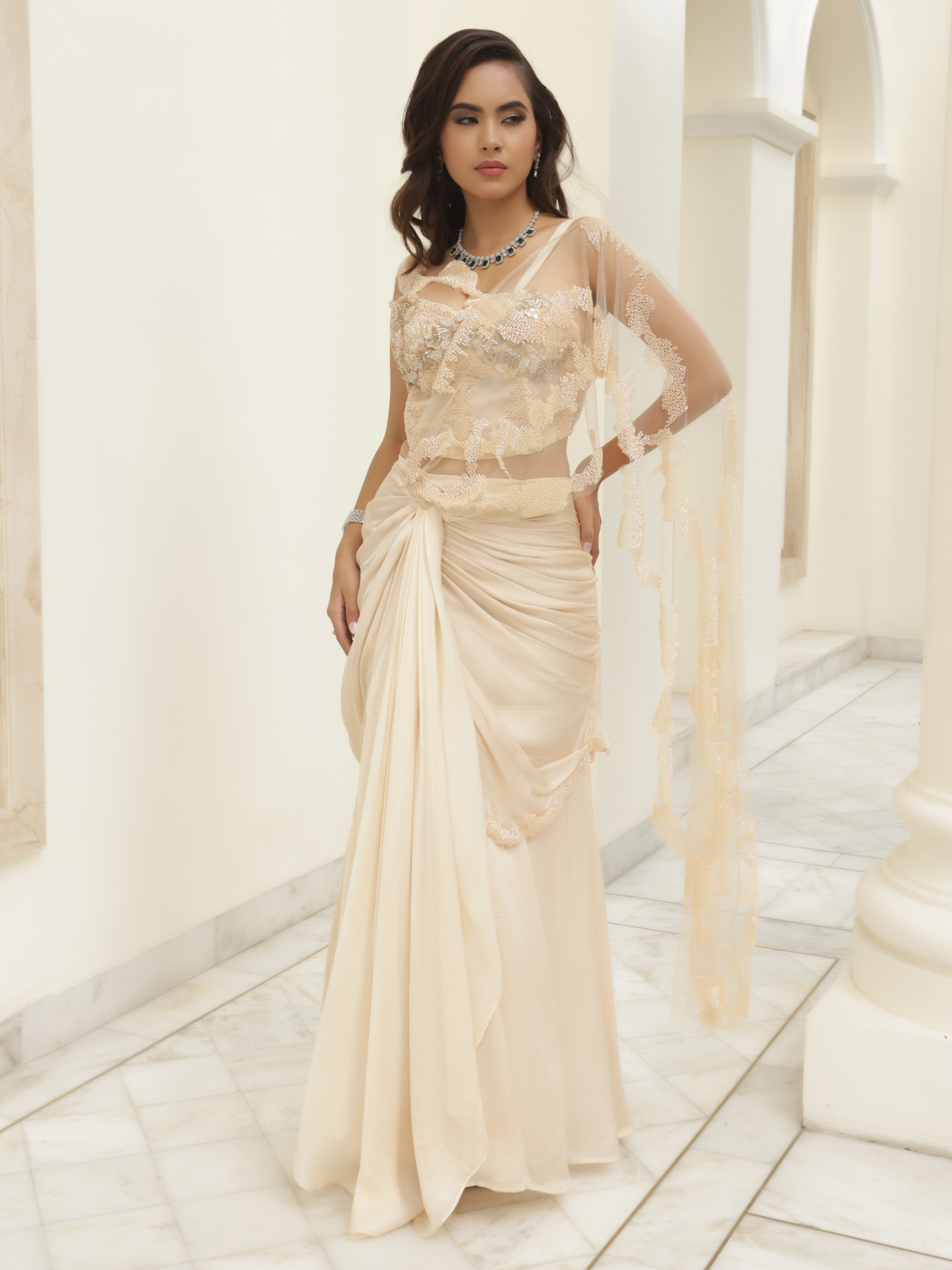 Pre Draped Flared Saree Set